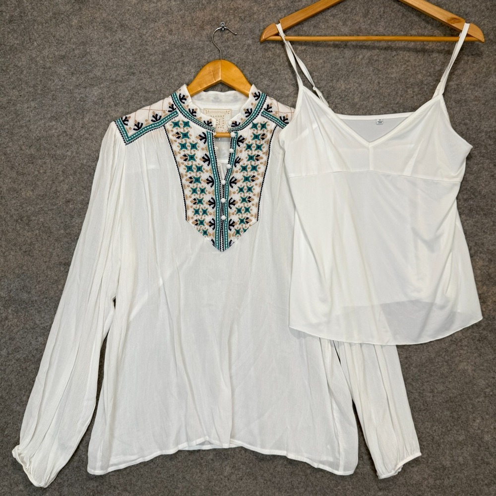 Johnny Was Paola Embroidered Blouse Womens Medium Two Piece Slip Boho Peasant